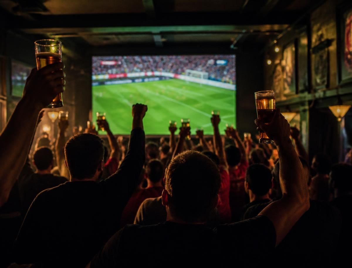 Fans raising pints while watching a match on the big screen at Londoners